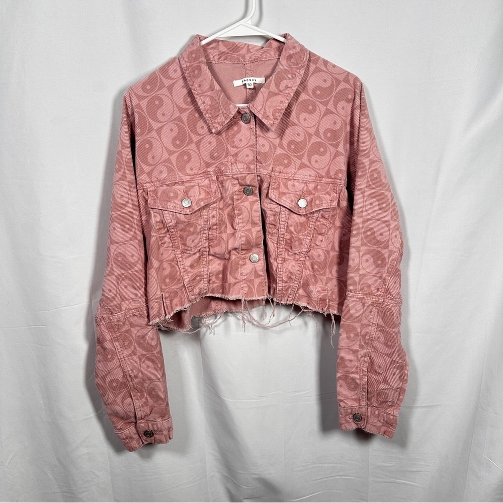 PacSun Cropped Corduroy Yin Yang Jacket Raw Hem Y2K Indie Sleaze Pink M/L - Picture 3 of 12